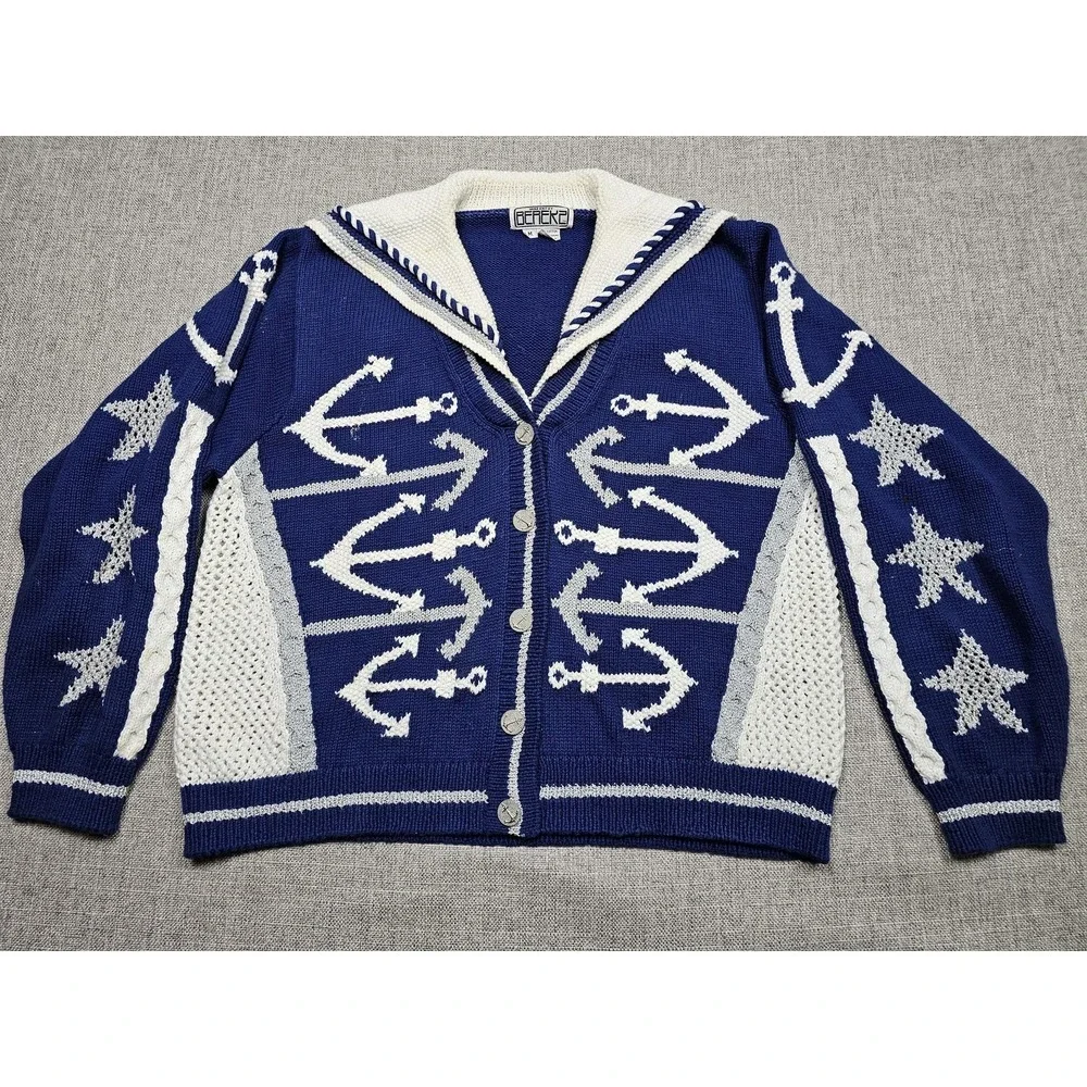 Vintage Berek 2 Cardigan Sweater Womens‎ Medium Blue Anchor Nautical Knit Stars